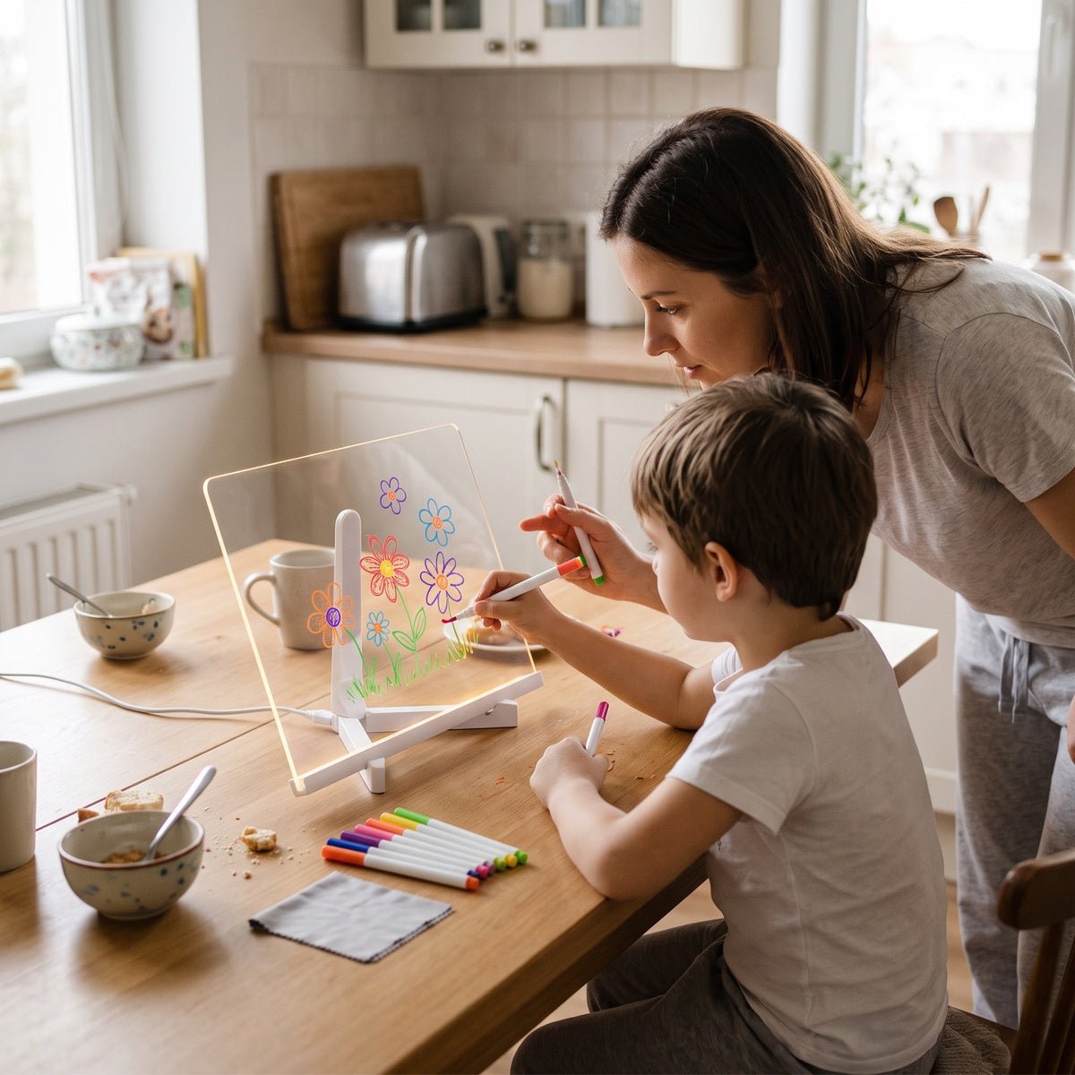 Parent and child creating a drawing together at home