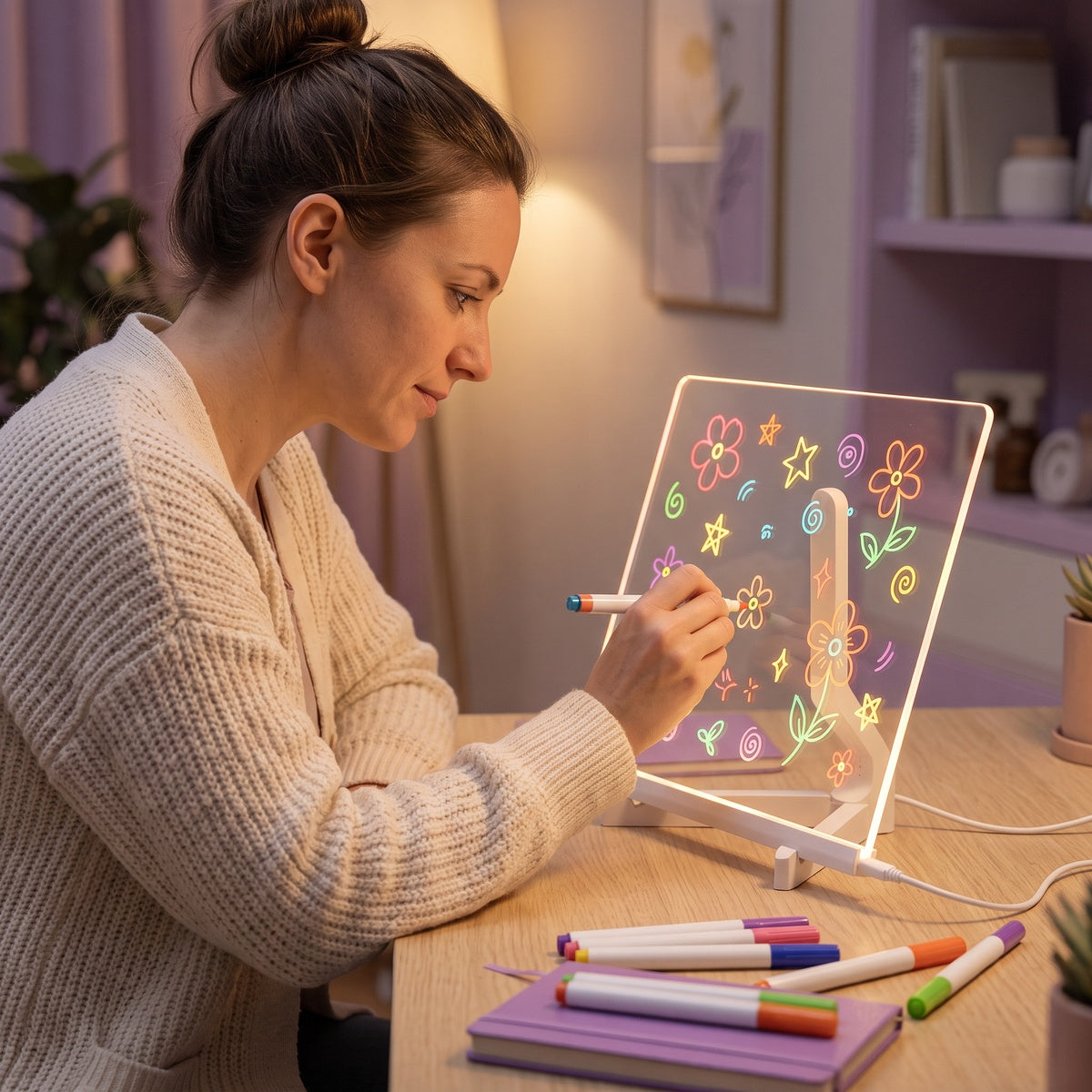 A maker holding their glowing drawing board