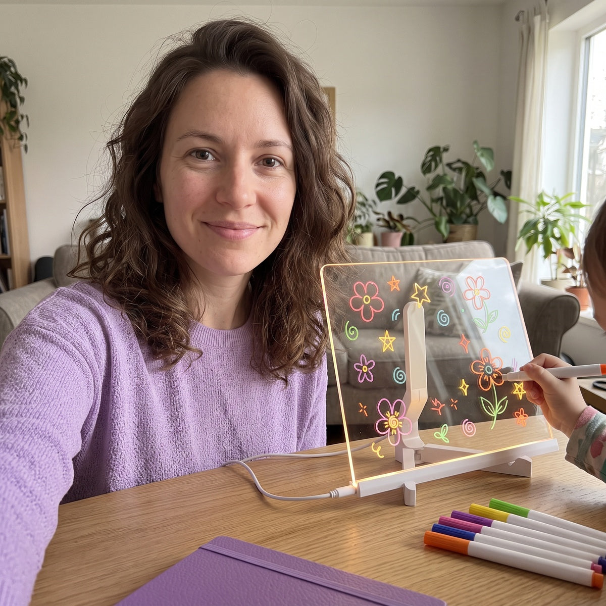 Emma R. taking a selfie with her board at a family table