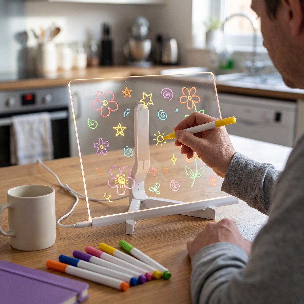 Daniel M. drawing on the panel in a sunny kitchen