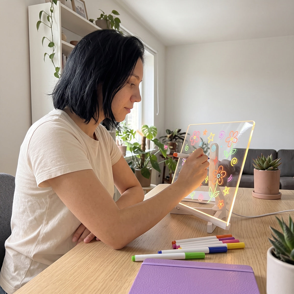 Sophie L. with her glowing doodle board at a home desk