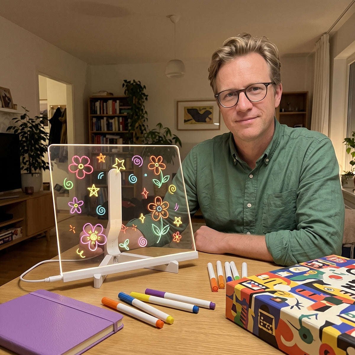 Ben T. beside a completed glowing drawing and board games